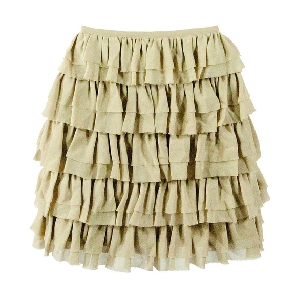 Khaki Silk Tiered Ruffle A Line Mini Skirt Size 2 - Picture 5 of 5